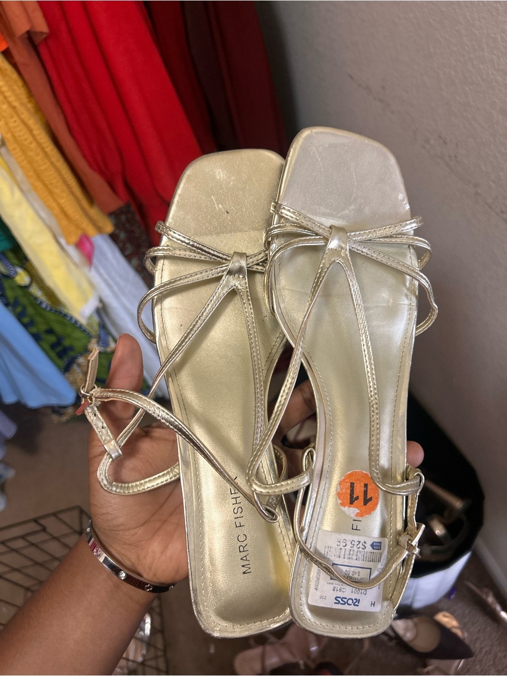 Marc Fisher Metallic Gold Strappy Square-Toe Kitten Heels